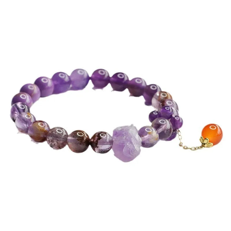 Natural nine purple amethyst bracelet with red agate accents showing 8mm beads