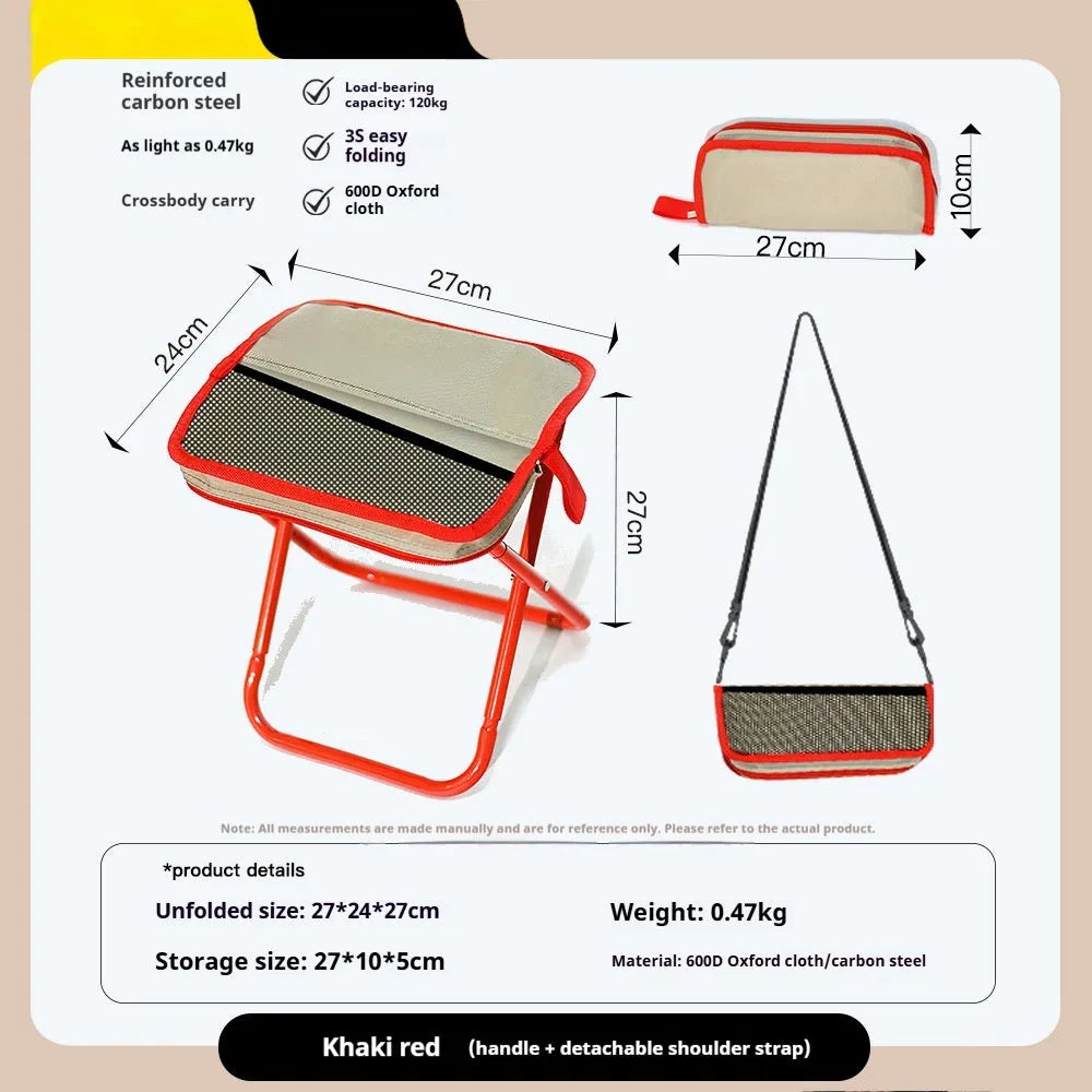 Lightweight foldable outdoor camp chair stool in Oxford cloth, shown in a khaki colour, folded compactly.