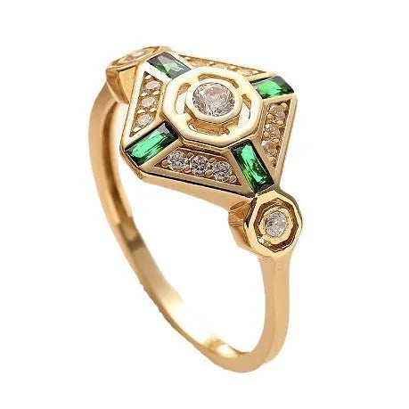 Square geometric women's ring in lvzuan green colour on a white background.