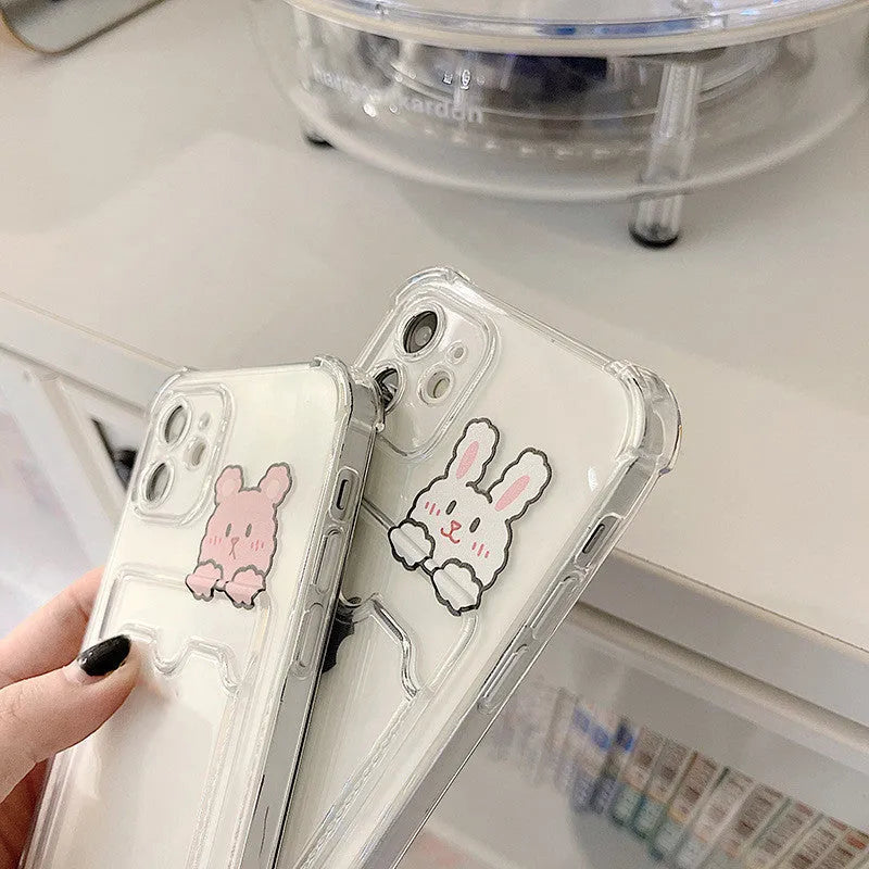 Clear cartoon design TPU phone case with a credit card slot for Apple iPhone.