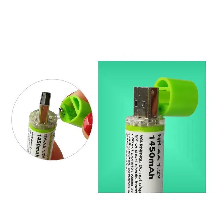 USB AA NiMH rechargeable battery with white and green cover options for 1.5V 1450mAh rated capacity
