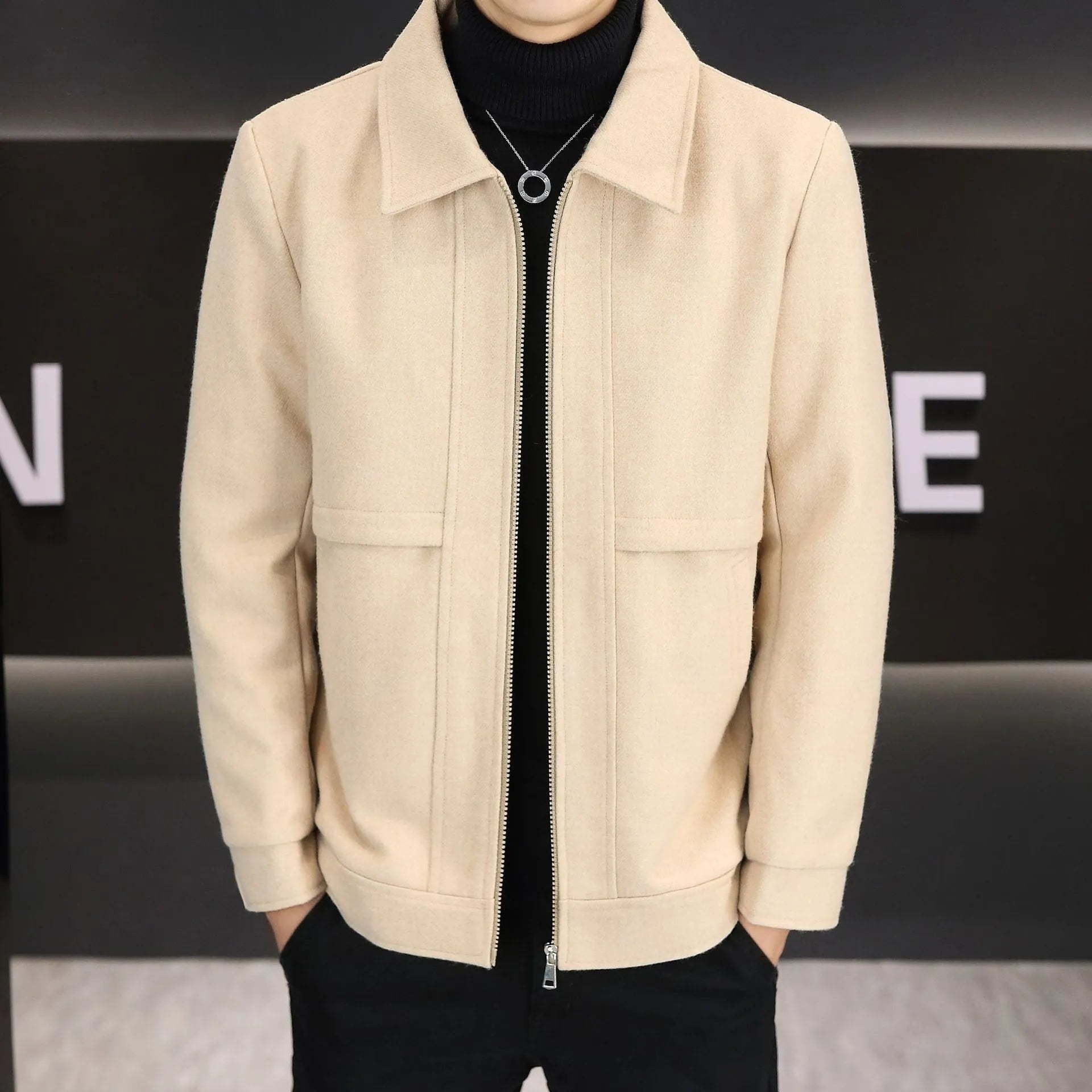 Casual khaki jacket with polo collar and side seam pockets