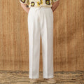 Linen straight-leg trousers with lace detail and an elasticated high waistband in greige.
