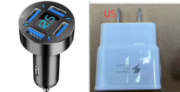 Four-port USB car charger with LED digital display showing compact black design
