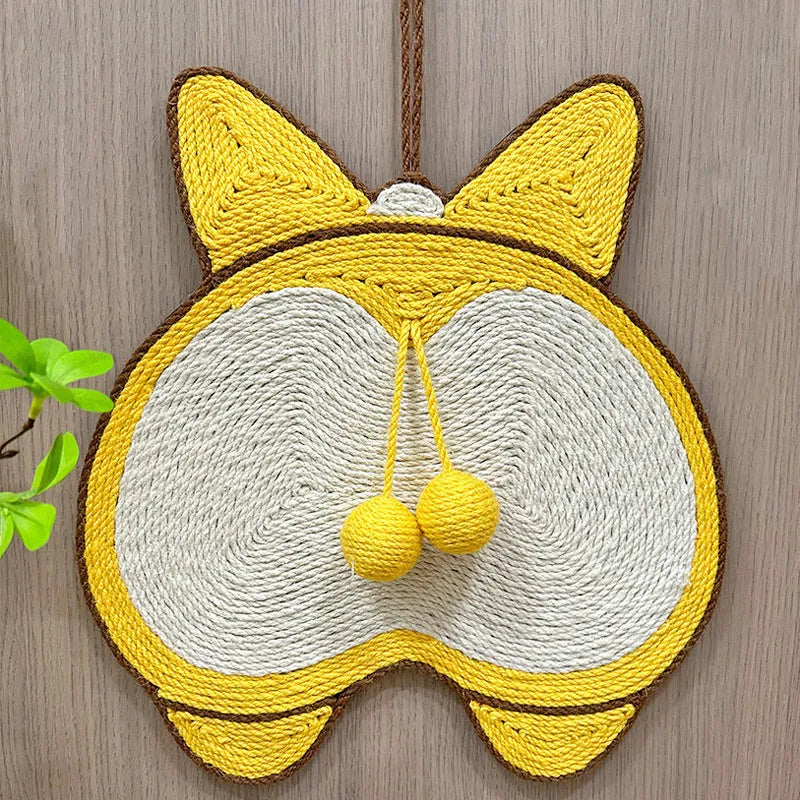Yellow cat scratching pad with Corgi butt design, made from natural sisal on an anti-slip base