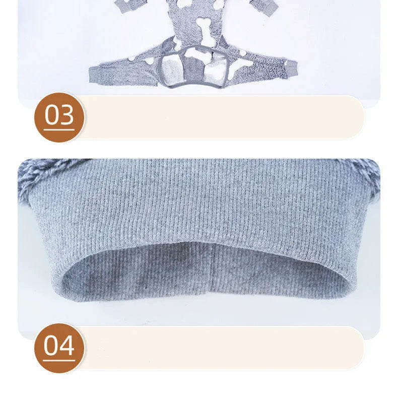 Winter dog pajamas in flannel, bone grey colour, size M, on a small dog standing indoors