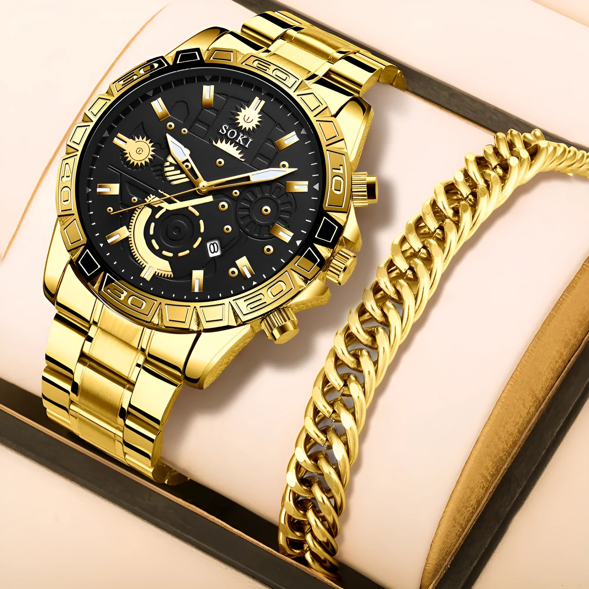 Men's gold business quartz watch with stainless steel strap and 10mm thickness