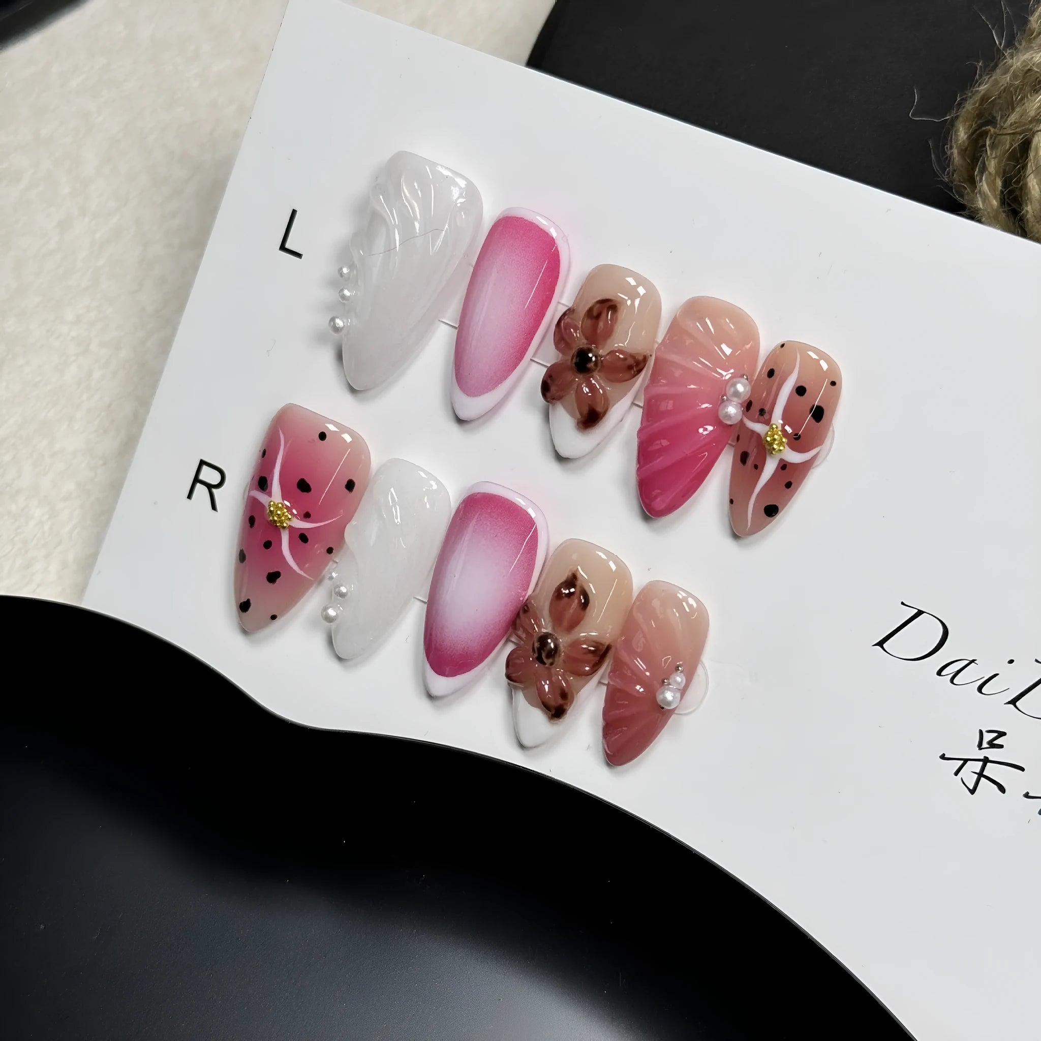 Three-dimensional embossed candy pattern nail art patches in almond shape with retro French styling
