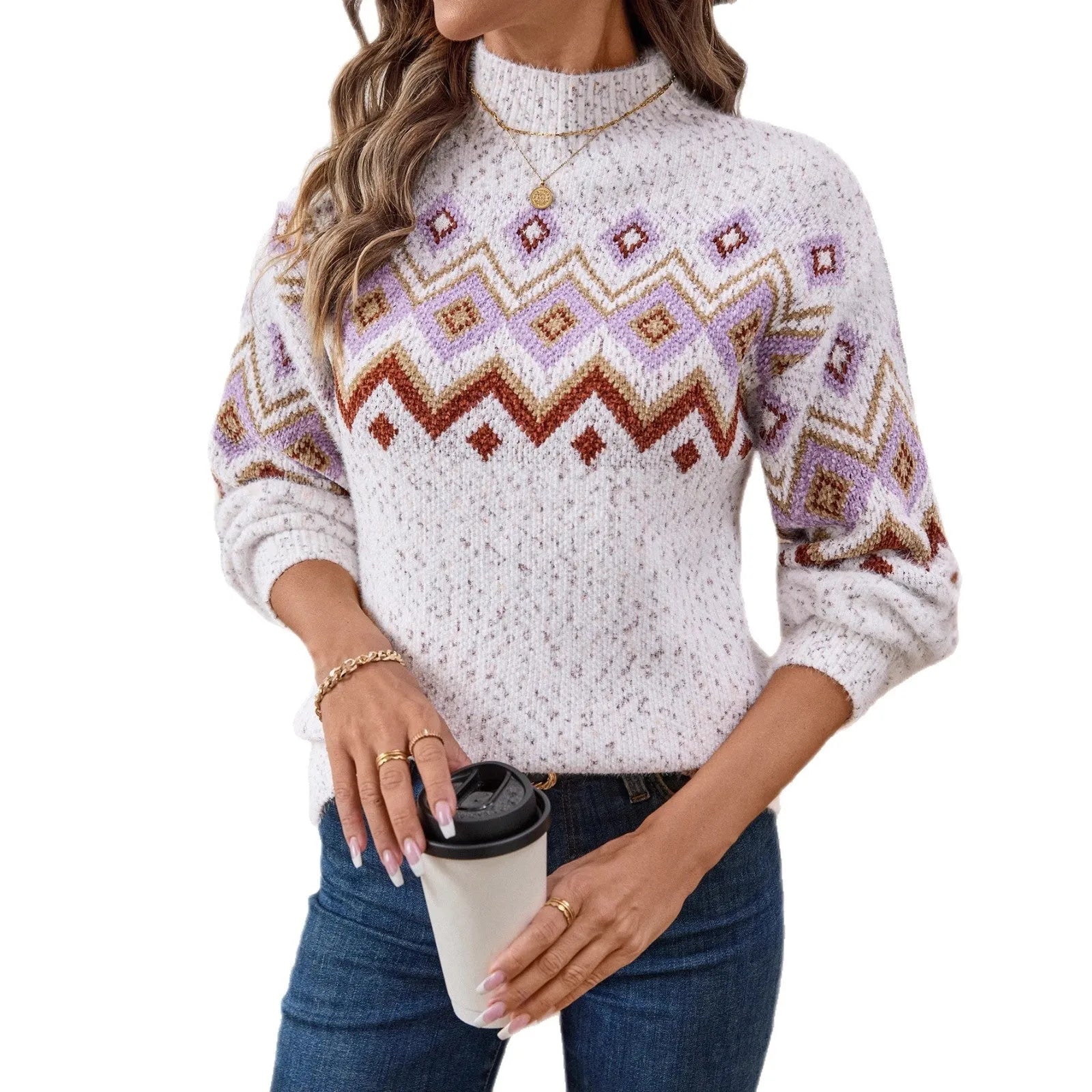 White half turtleneck jacquard sweater with geometric pattern and loose fit