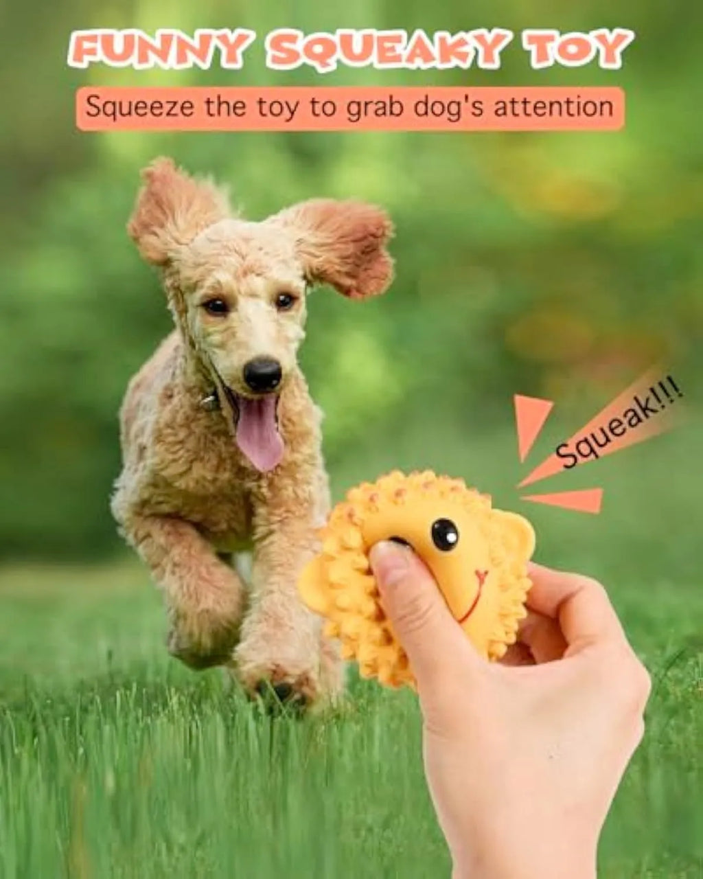 Four orange and yellow spiky latex dog toys with animal shapes and squeakers for small medium breeds