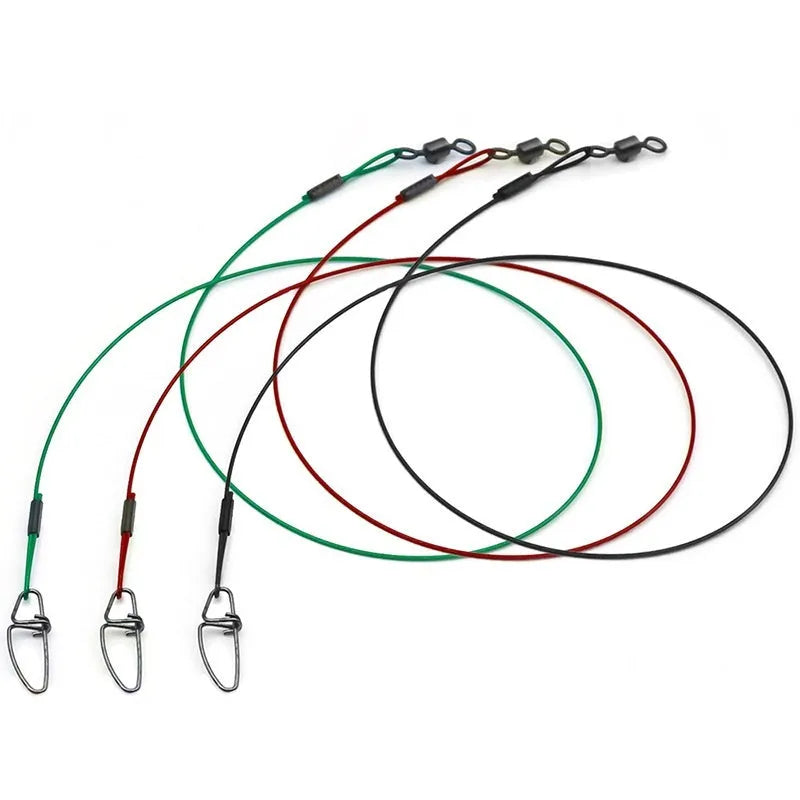 Set of 10 anti-bite steel wire fishing accessories with double buckle pins in black, green, and red colours