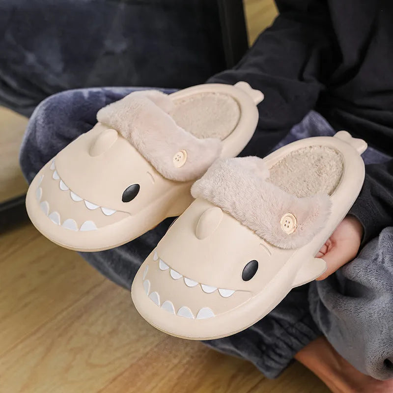 Winter shark button EVA house slippers in haze blue with sewing thread detail on indoor floor