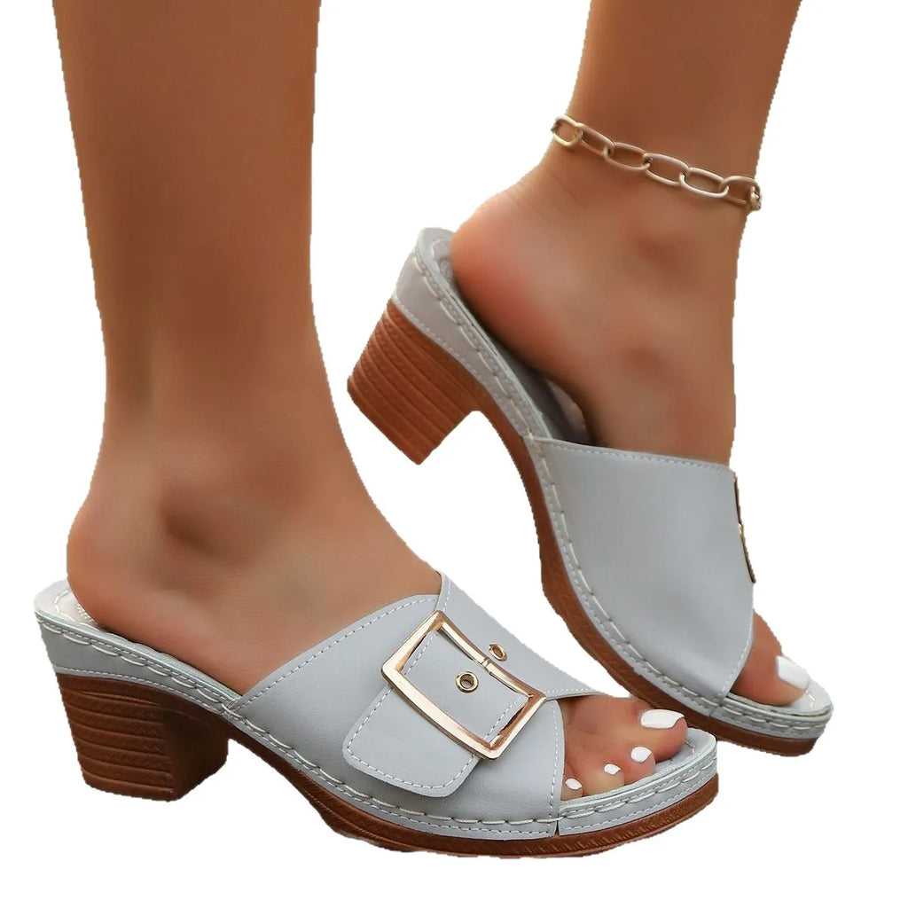 Women's retro chunky heel buckle slippers in black and light blue colours