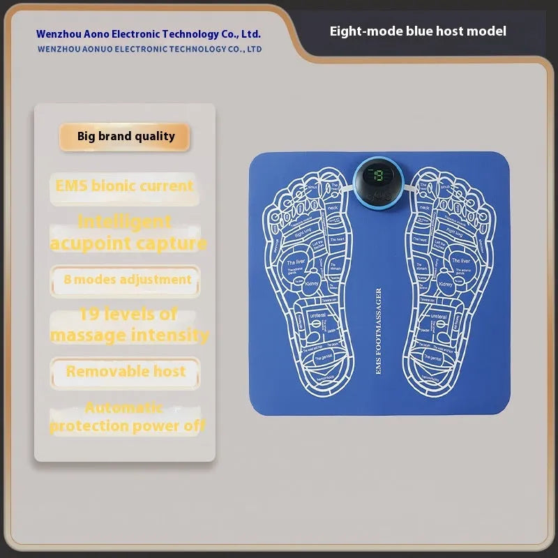 Blue rechargeable foot massager mat with remote control on a wooden floor.