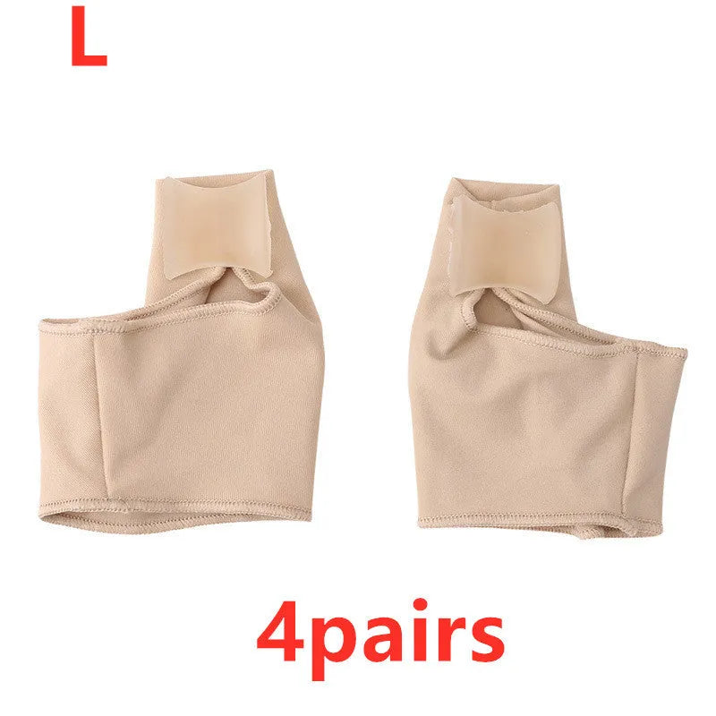 Corrective bunion sock with silicone gel toe separator shown in sizes S, M, and L on a foot diagram.