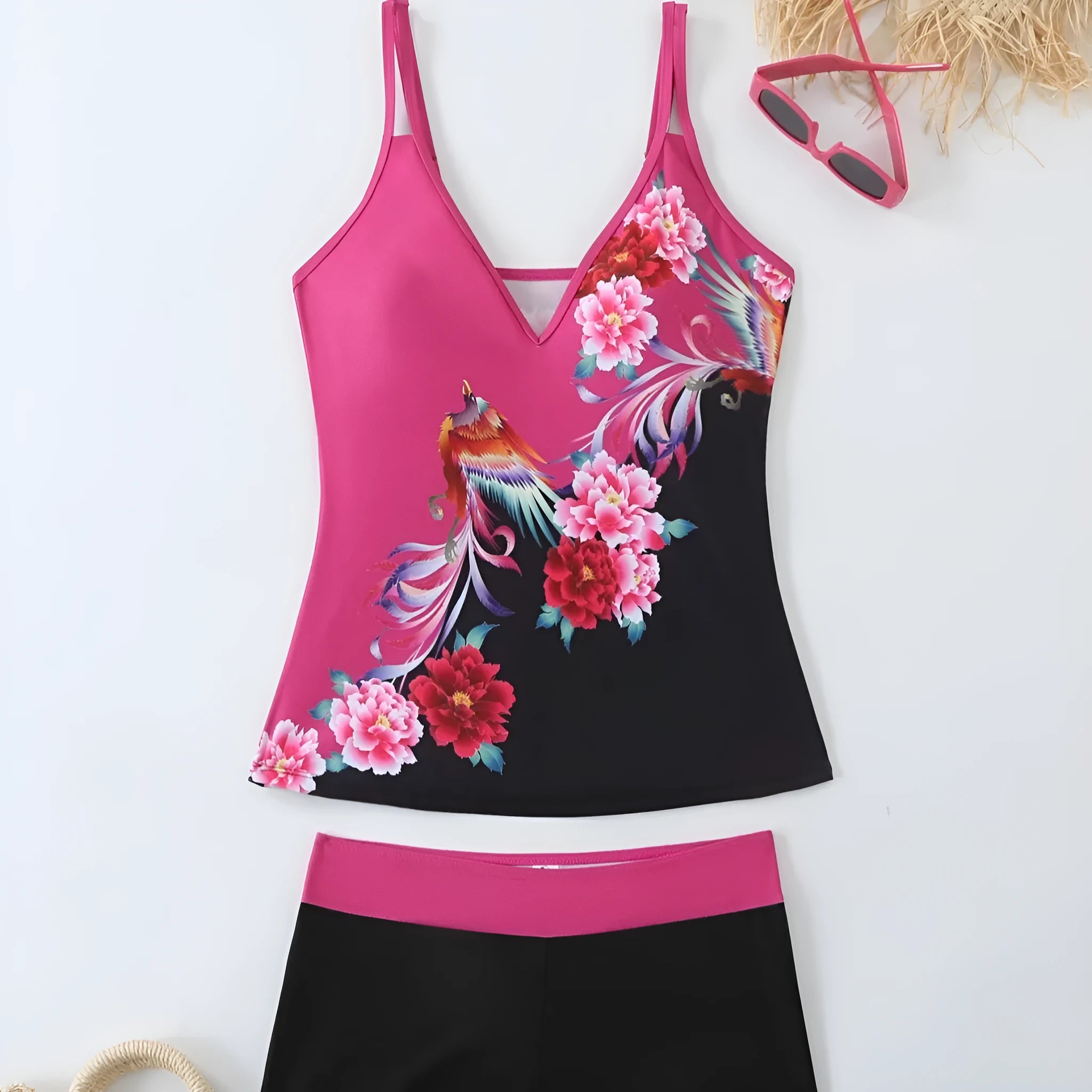 Women's plus size black and rose red swimsuit set with briefs, made from polyester with cotton lining.