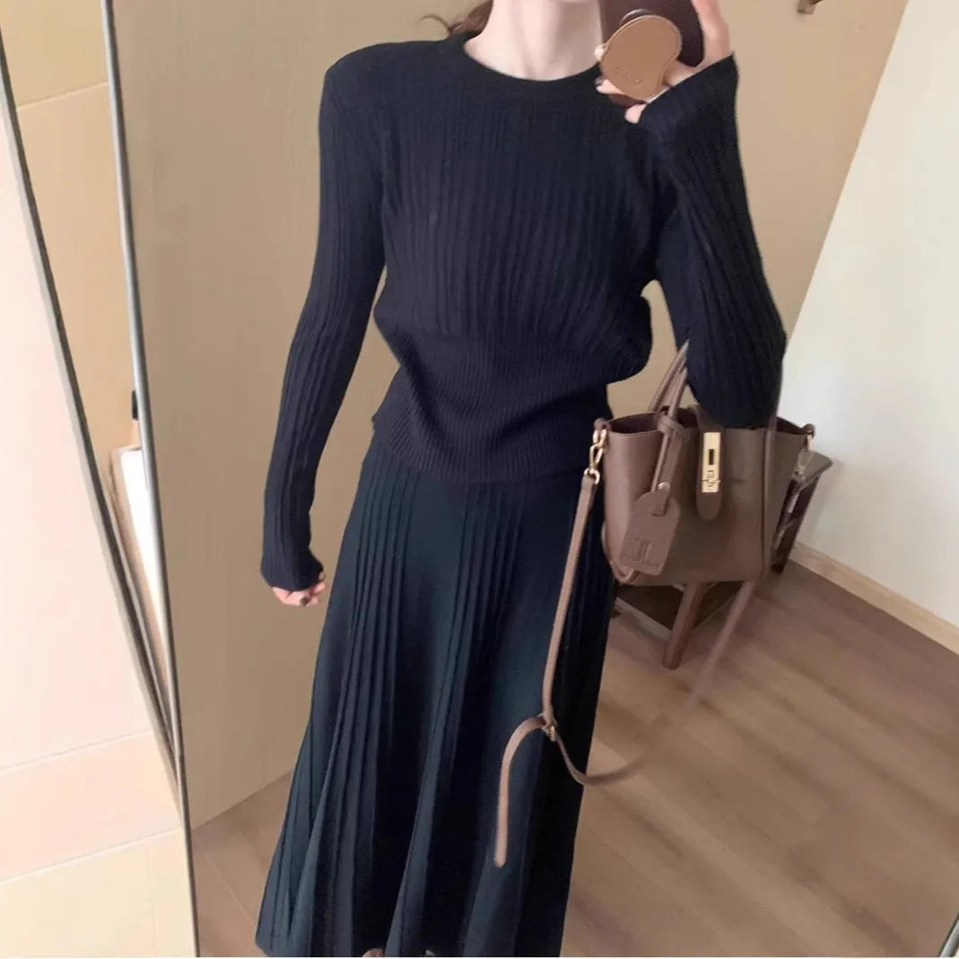 Ethnic style knitted dress suit set with 3D pattern, sweater and skirt in dark grey
