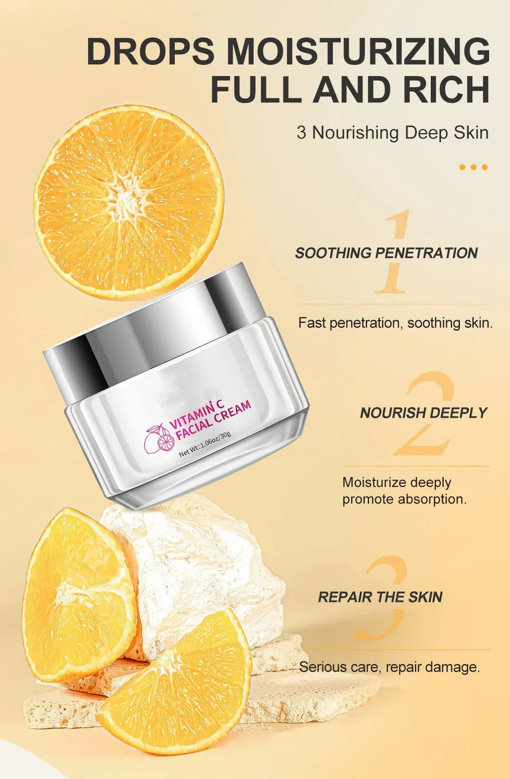 30g jar of universal vitamin C face cream showing compact 6cm size.