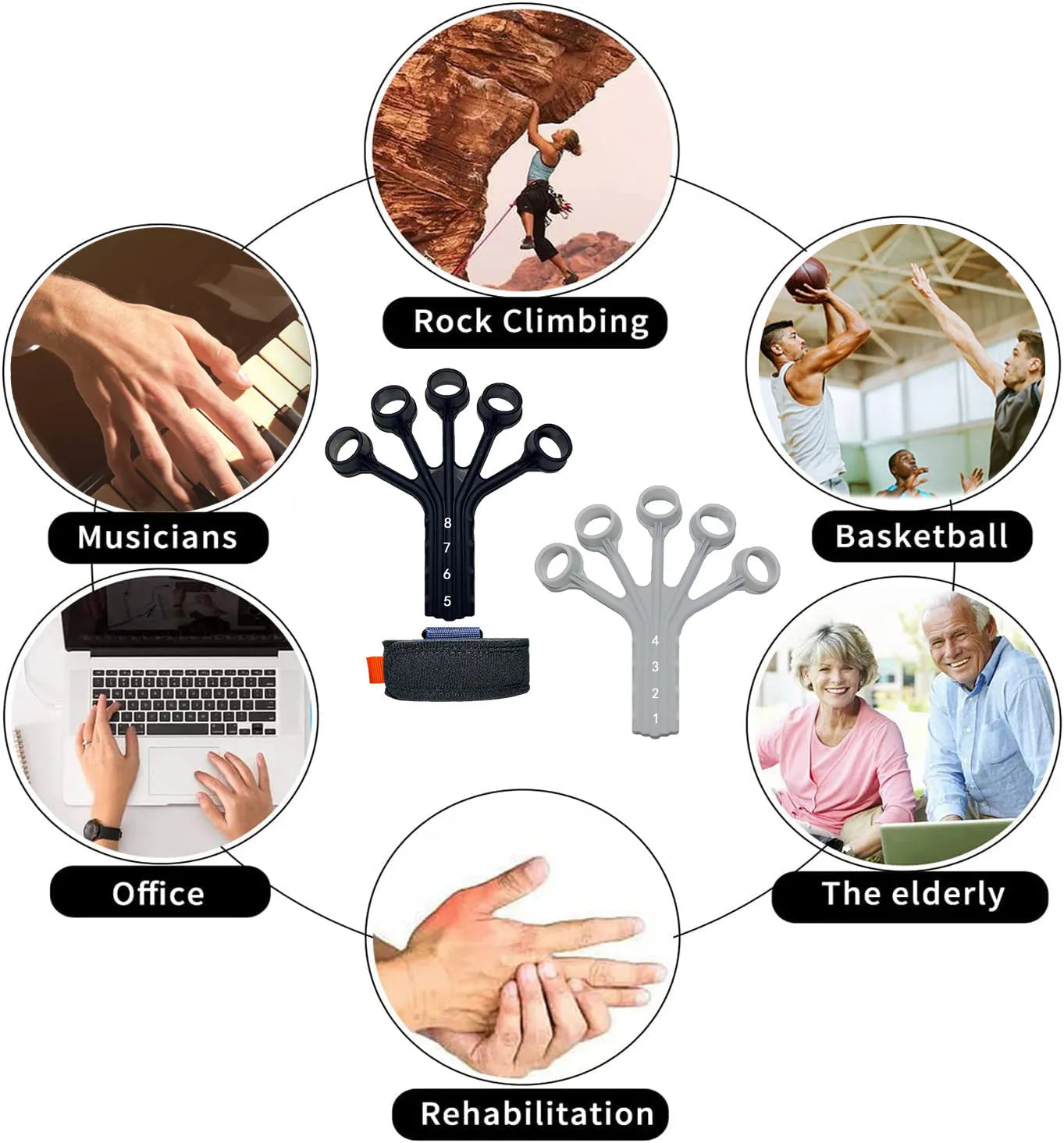 Black silicone finger rehabilitation trainer with adjustable resistance band for flexion and extension exercises