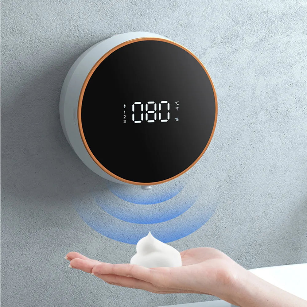 Smart automatic foam dispenser with USB charging port mounted on bathroom wall