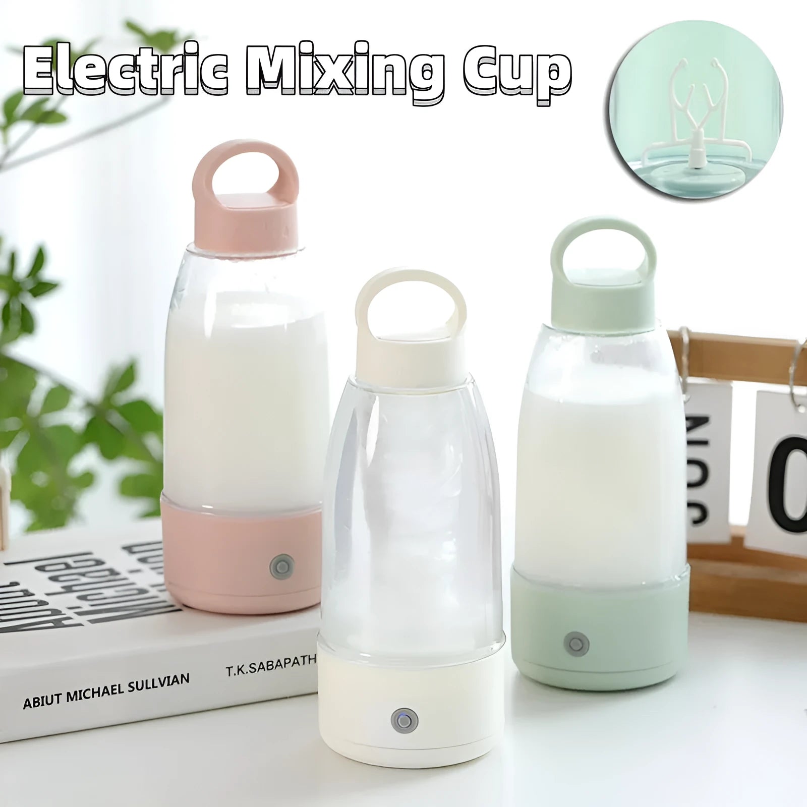 Automatic electric shaker bottle with USB charging port and handle in green colour