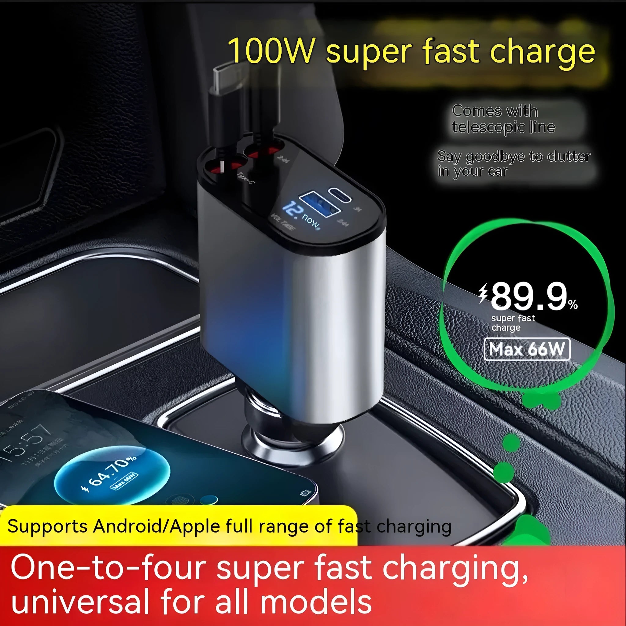 Automatic retractable 120W universal car charger with Type-C connectors for Apple and Huawei devices