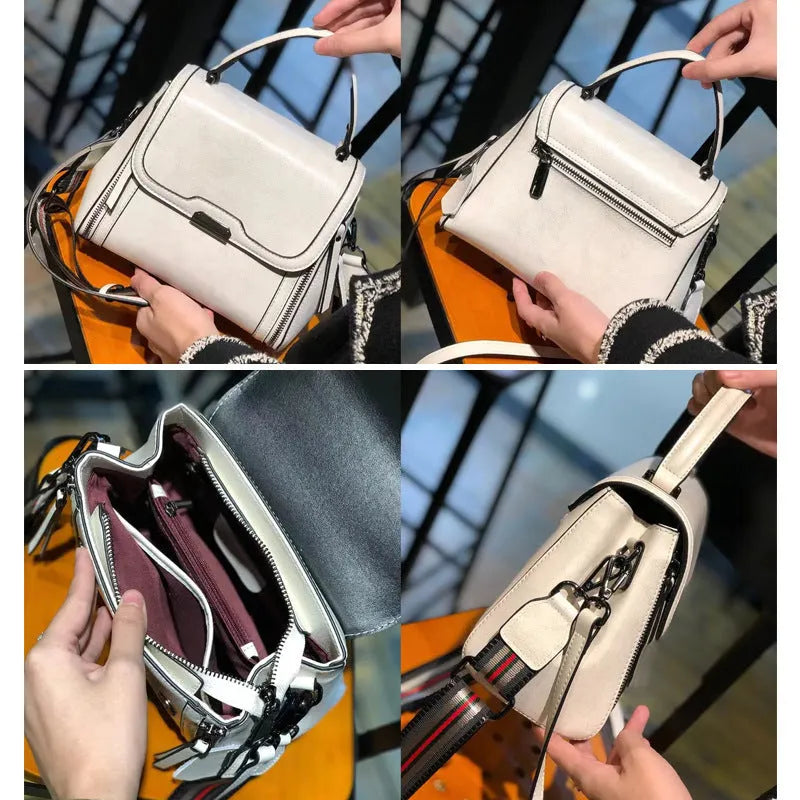 Women's genuine leather messenger bag in horizontal square design with multiple internal compartments