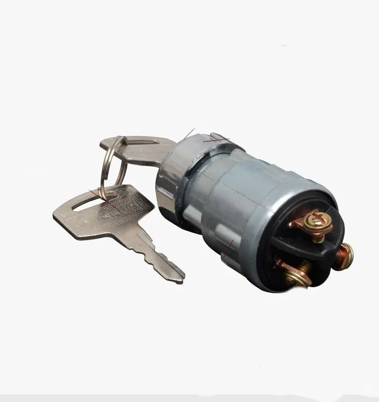 Pure copper vehicle ignition switch lock with matching key on a white background.