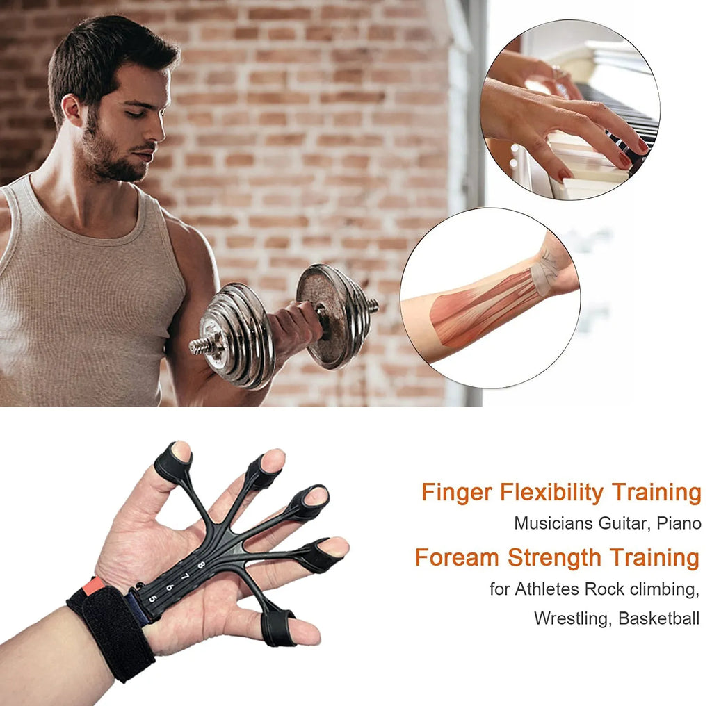 Black silicone finger rehabilitation trainer with adjustable resistance band for flexion and extension exercises