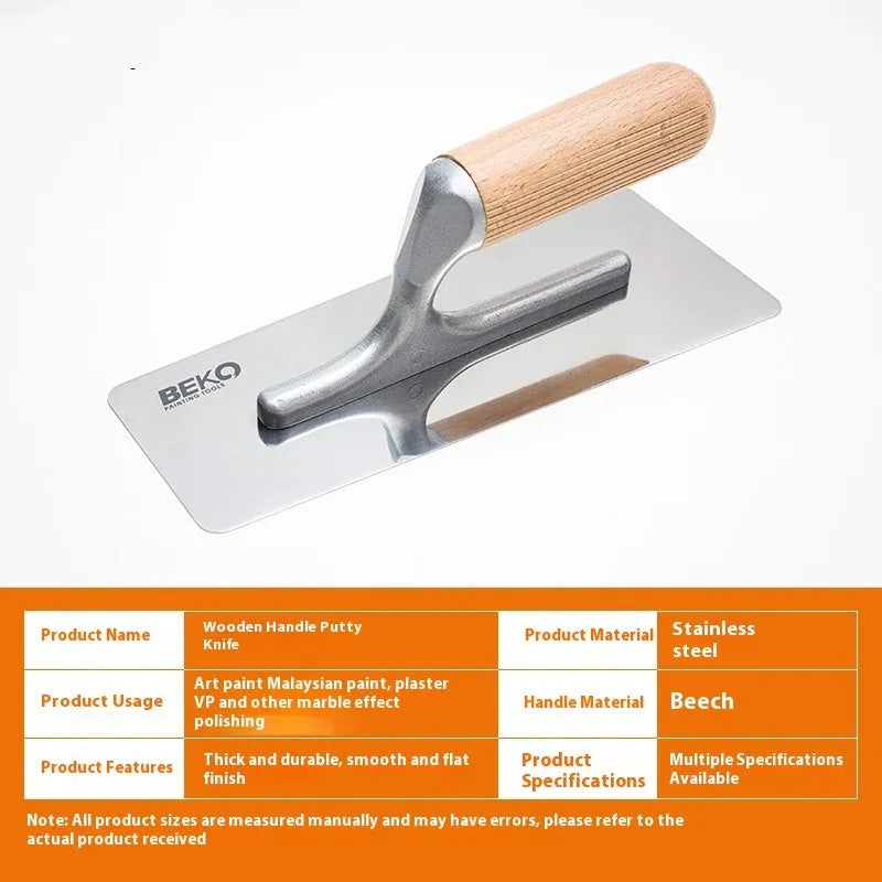 Stainless steel putty scraper with wooden handle showing three different blade size options.