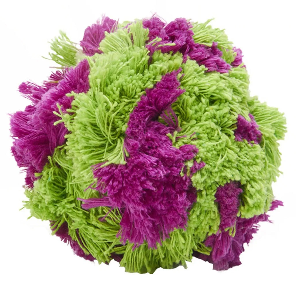 Purple plush dog ball toy with knotted seaweed texture for teething puppies
