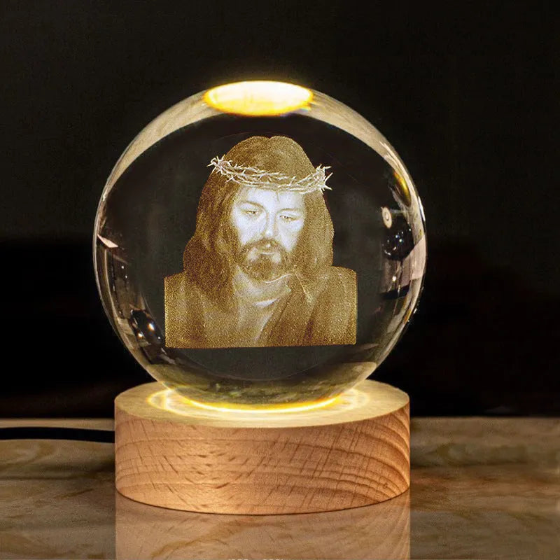 White crystal ball church desk ornament lamp with solid wood warm light base