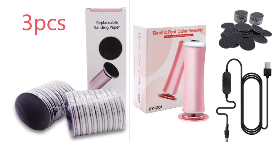 Electric foot callus remover with 60 replacement sandpaper discs, pink and black variants