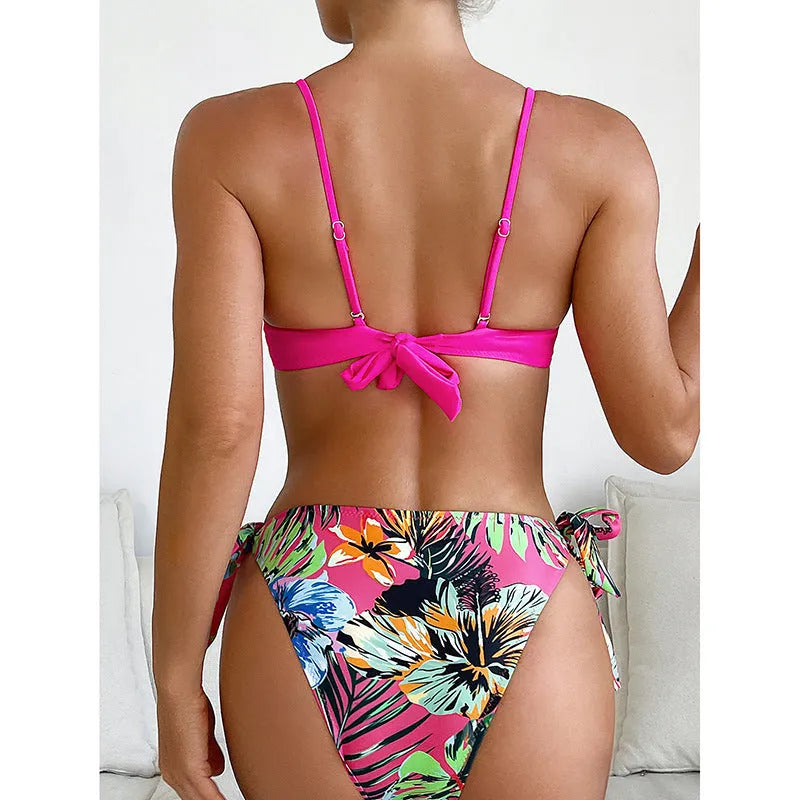 Rose red women's bikini swimsuit with braid rope detailing on top and bottom pieces