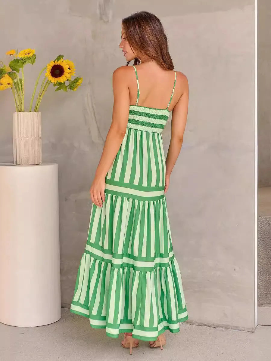 Women's striped printed suspender dress with square neckline, backless design and side pockets