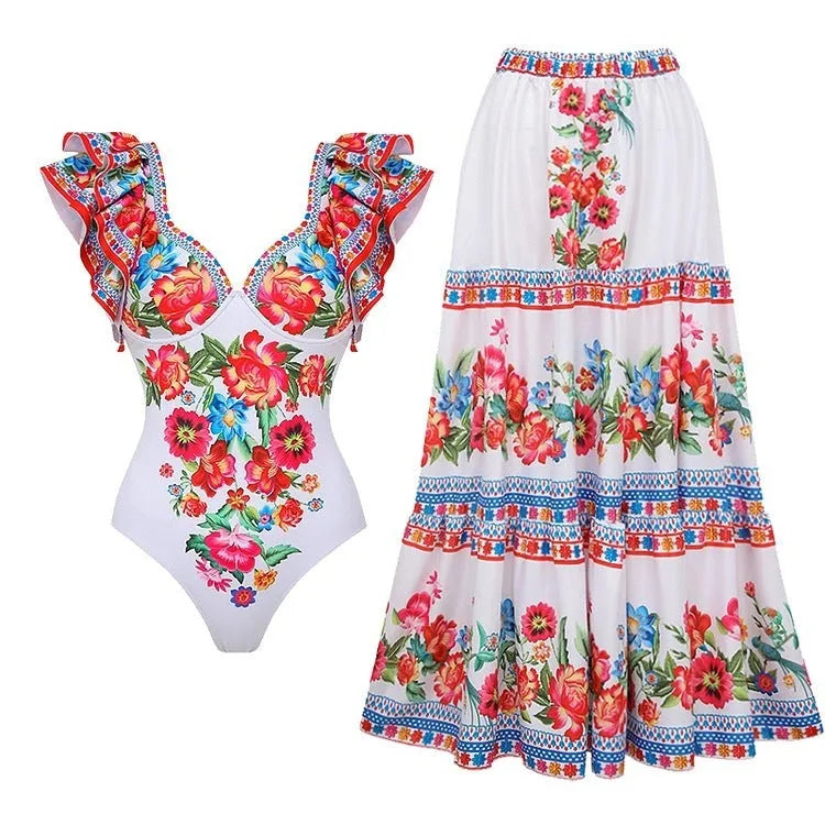 Women's printed one-piece swimsuit in rose pink, available in sizes S, M, L, XL.