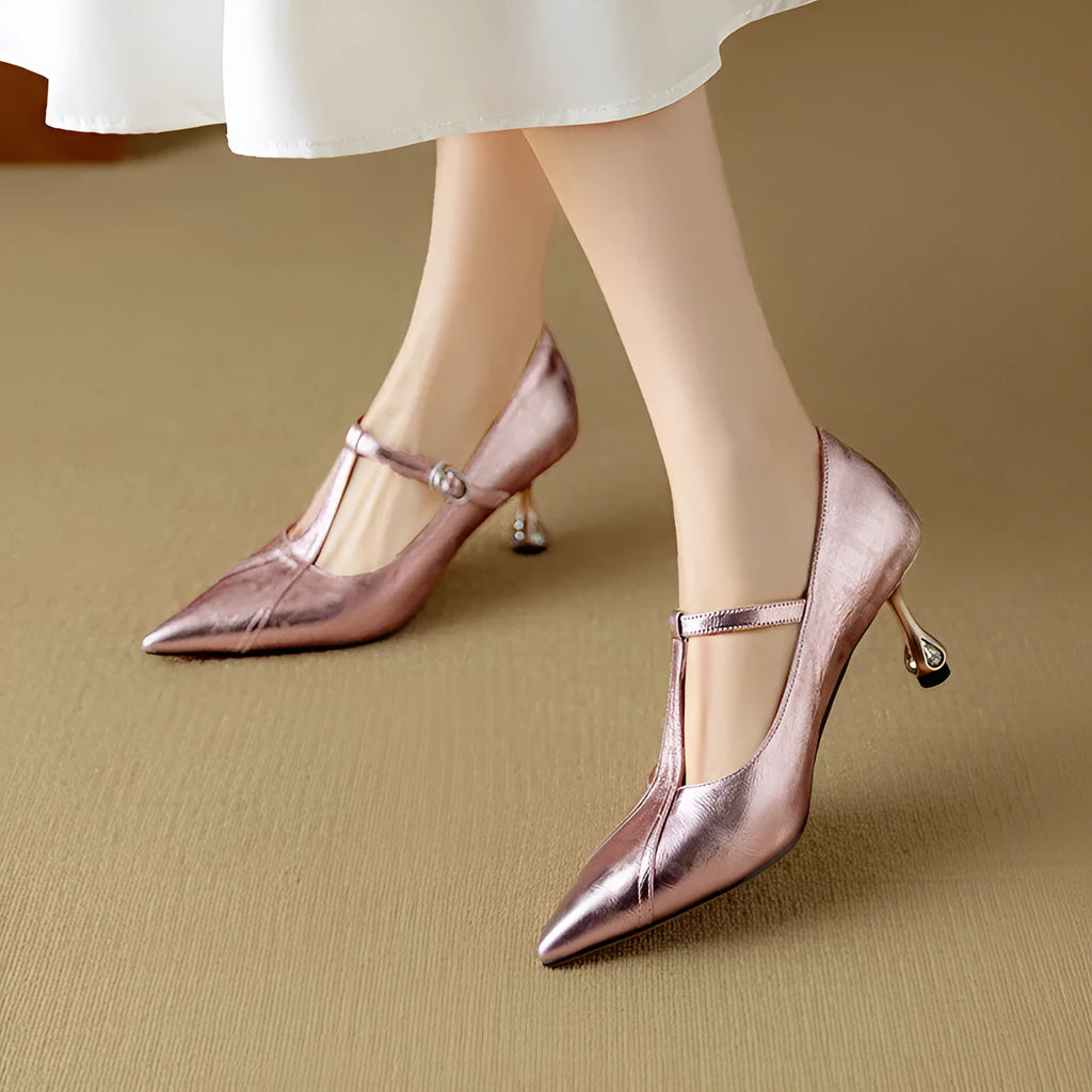 Women's gun colour genuine leather pumps with chunky heel and round toe box