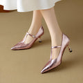 Women's gun colour genuine leather pumps with chunky heel and round toe box