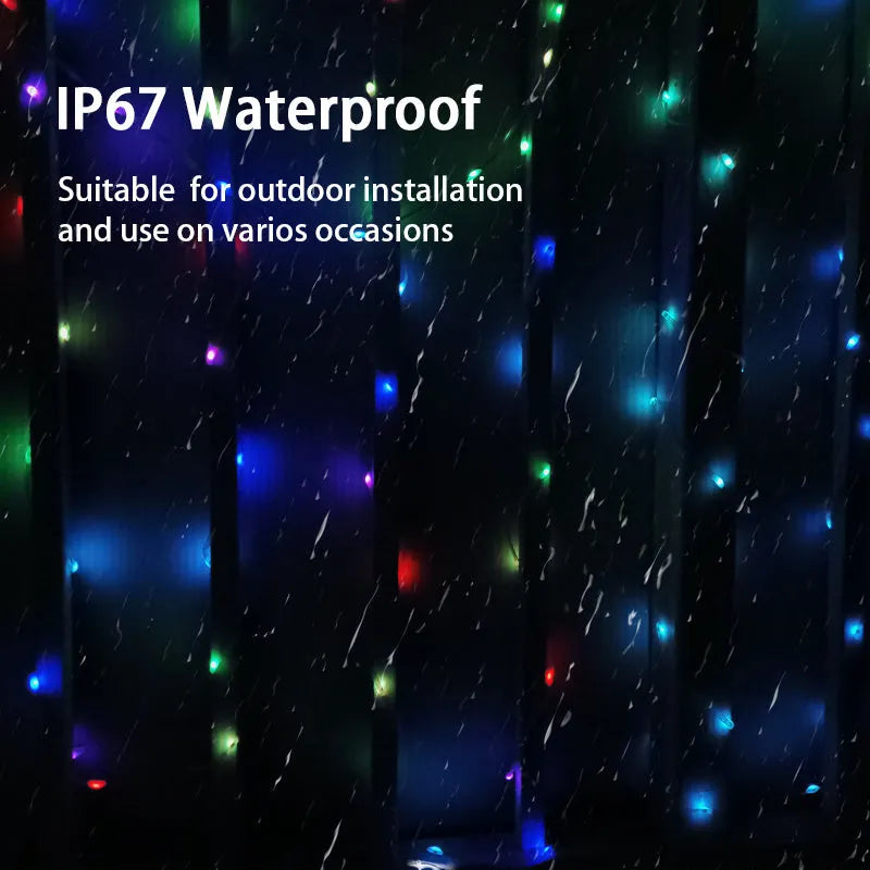 10-metre long multi-colour LED light string with 100 bulbs coiled on a table.