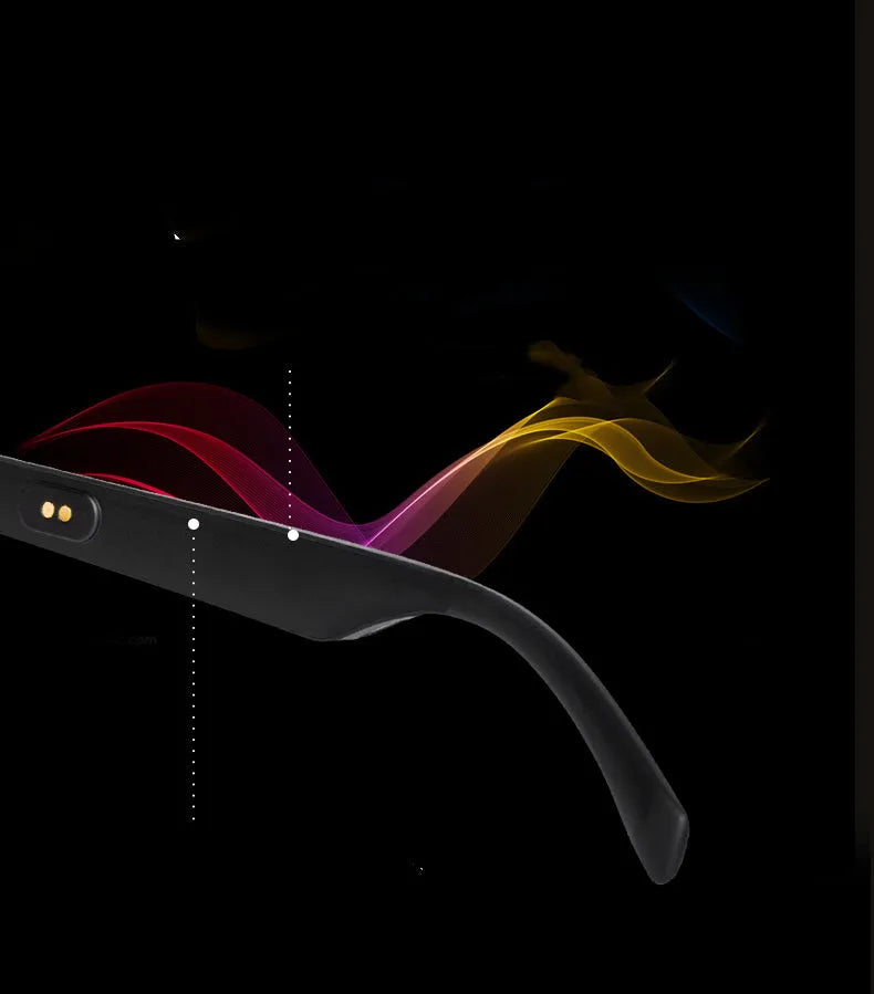 Smart glasses with a PC+ABS frame featuring semi-open ear speakers and polarised, anti-blue light lenses.