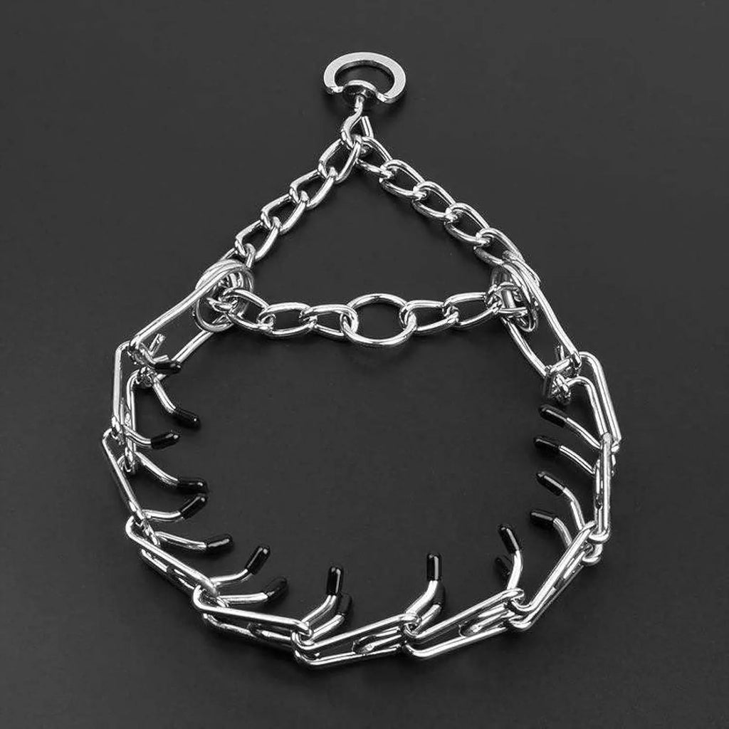 Stainless steel dog prong training collar with rubber tips, shown in an adjustable chain link design.