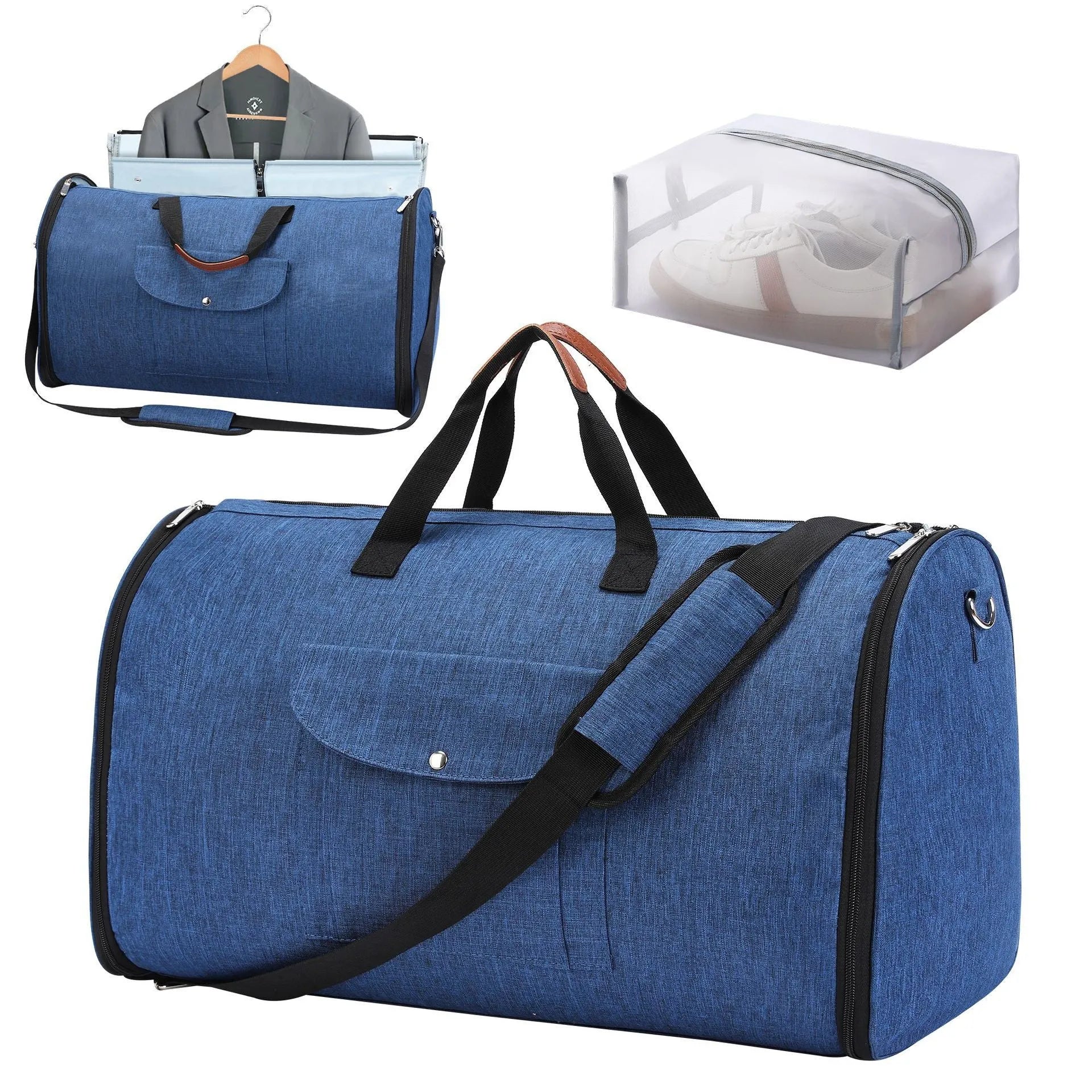 Folding duffel bag in dark blue Oxford cloth with a carrying handle, shown partially folded.