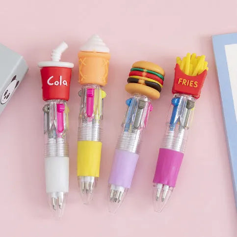 Four-colour press ballpoint pen with random cartoon design showing cactus, fast food, or fruit patterns