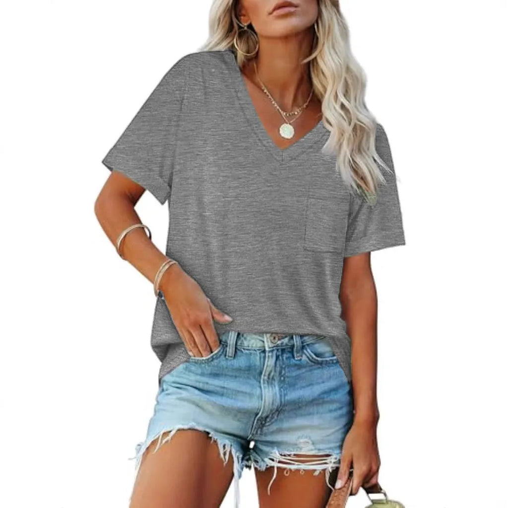 Grey loose fit men's V-neck T-shirt with chest pocket in Japanese Korean casual style