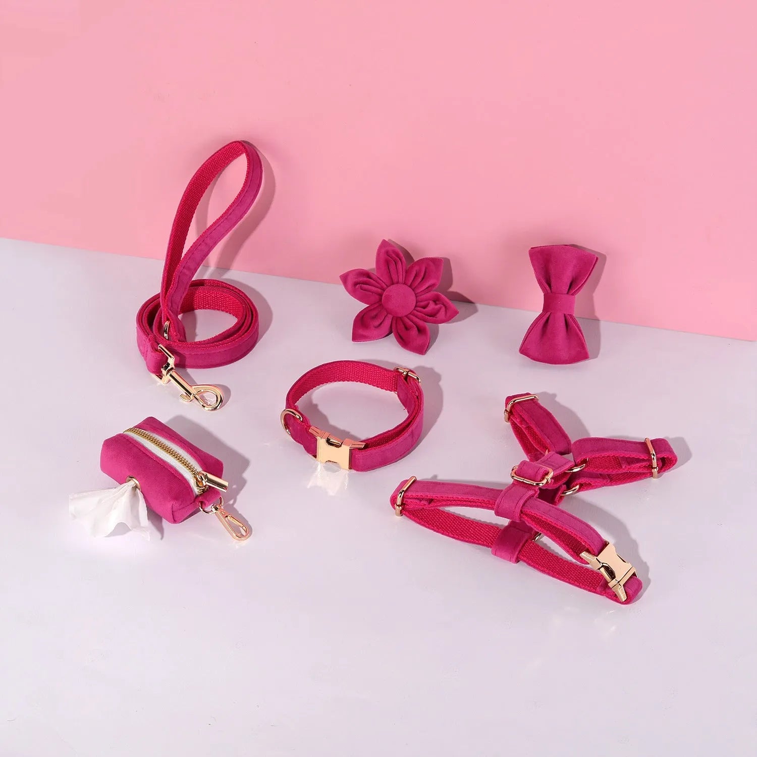 Classic velvet pet collar and traction rope harness set with decorative bow tie and flower for dogs and cats