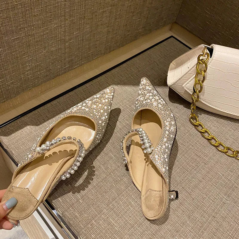 Women's spring stiletto heel slippers in Korean style with pointed toe and microfiber upper