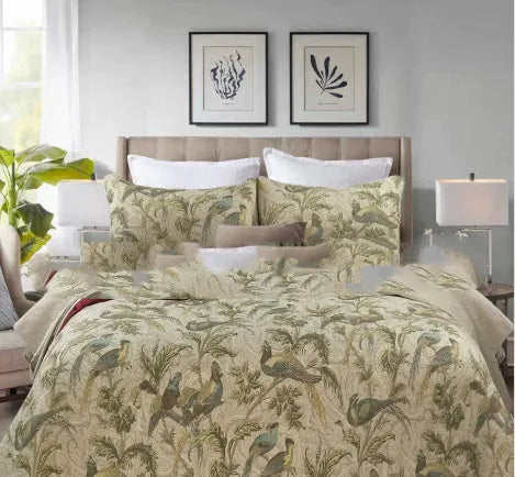 Blue American floral design cotton bedspread quilt set with three pieces showing plant and bird patterns