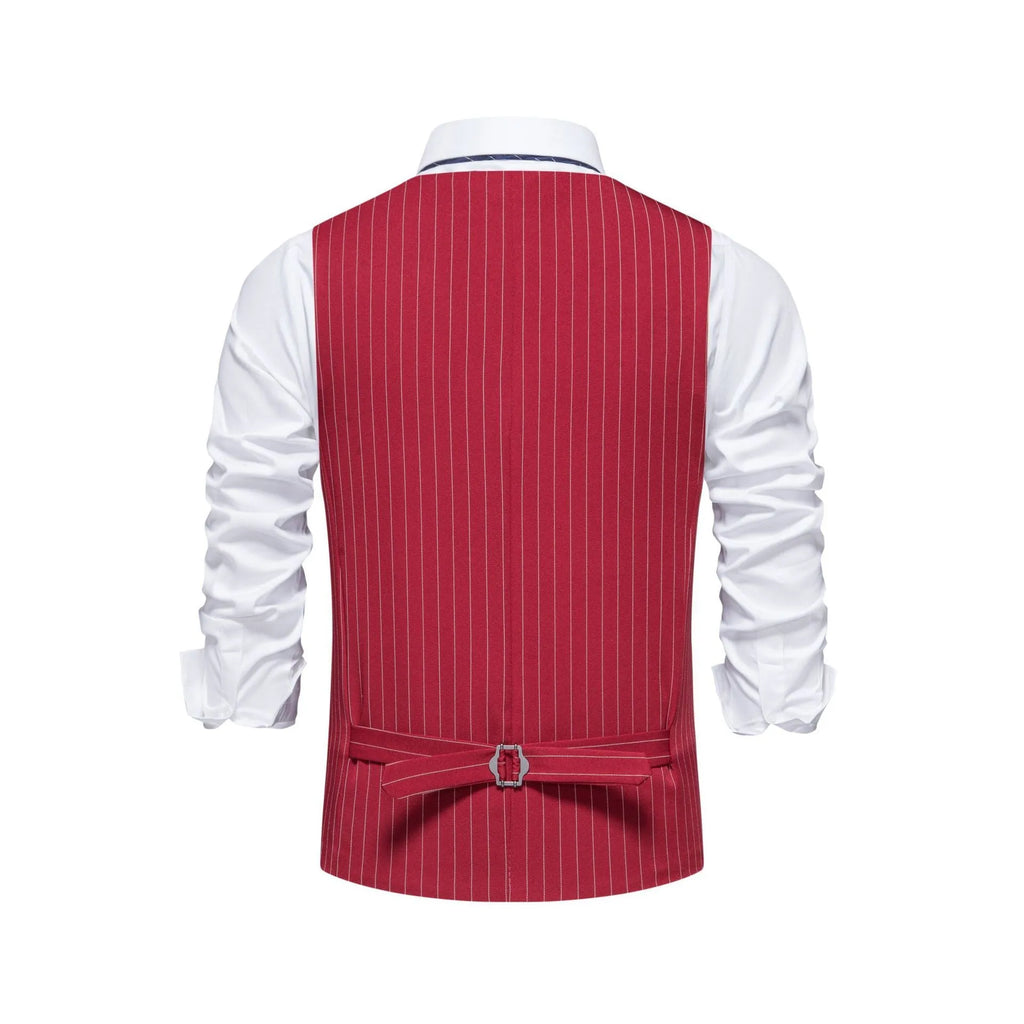 Men's striped suit vest with miter bottom hem in red, black, or khaki colour options