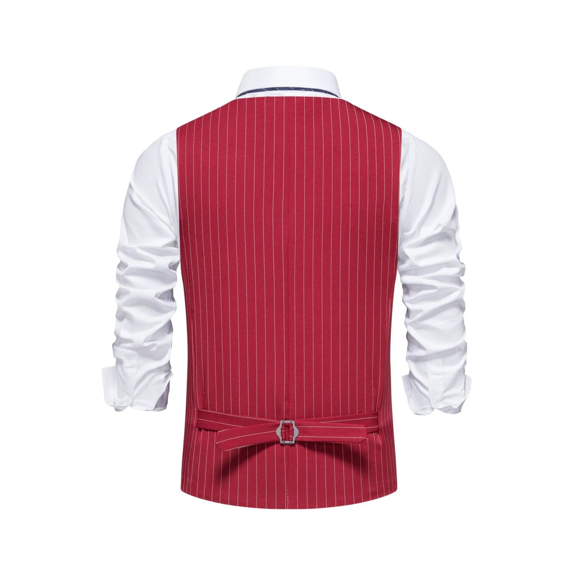 Men's striped suit vest with miter bottom hem in red, black, or khaki colour options