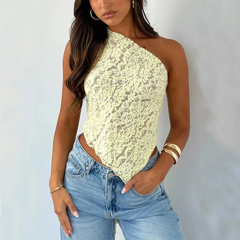 Women's apricot lace backless sleeveless vest with asymmetrical neckline on a hanger.